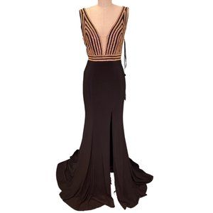 Jovani Rhinestone Embellished V-Neck Front Slit Gown Black Gold Size 4 NWT